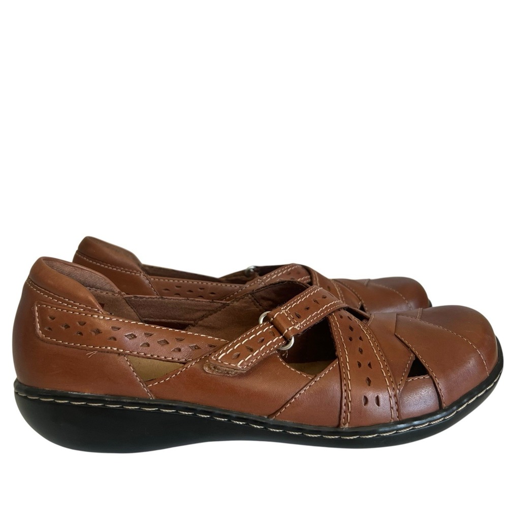 Clarks Ashland Spin Q Tan Leather Strappy Comfort Flats Shoes Women US 8.5 Wide